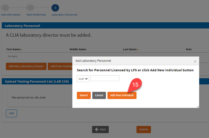 Add Laboratory Personnel pop up showing Add New Individual button.