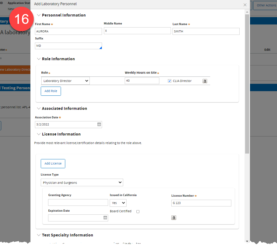 Add Laboratory Personnel Information pop up showing form fields for Personnel Information, Role, and License Information