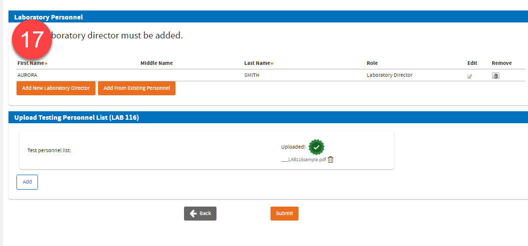 Laboratory Personnel main page showing LAB 116 was uploaded