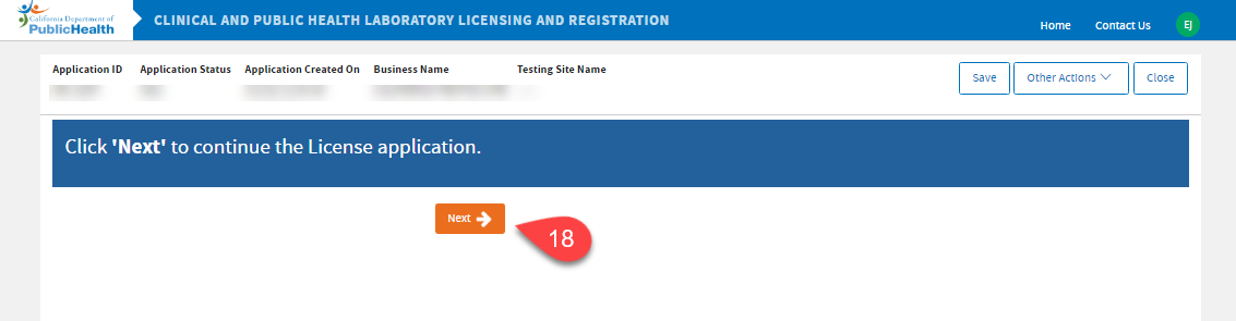 Next button to continue with the license application.