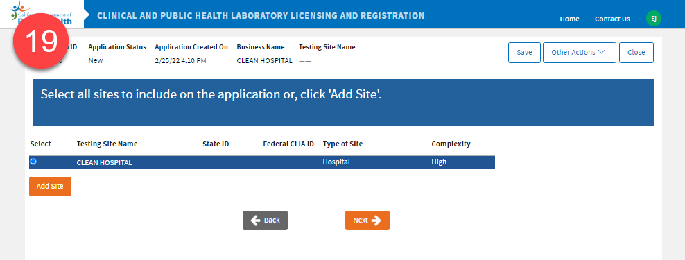 Site Association page to select all sites to be included in this application.