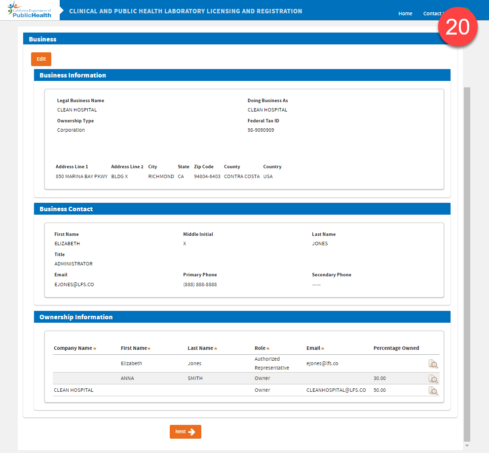 Business information showing all business information, Edit button, and Next button.
