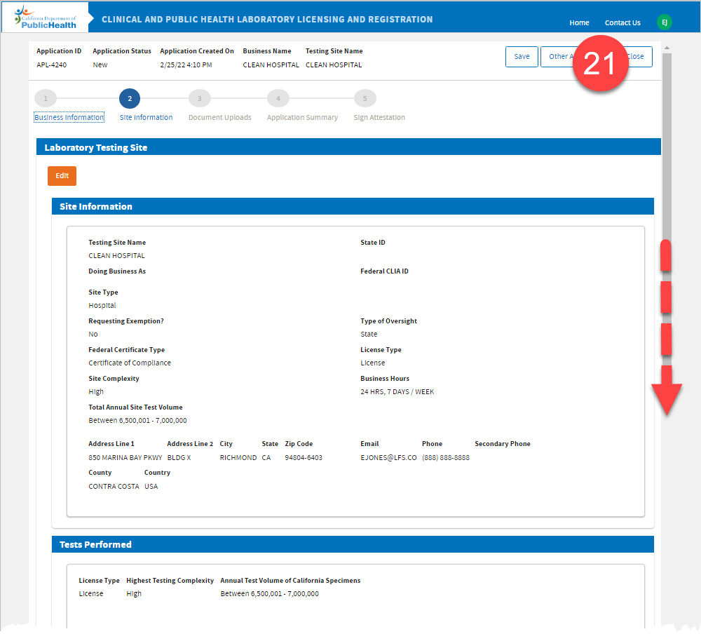 Testing Site information showing all site information, Edit button, and arrow pointing down to scroll down to click Next
