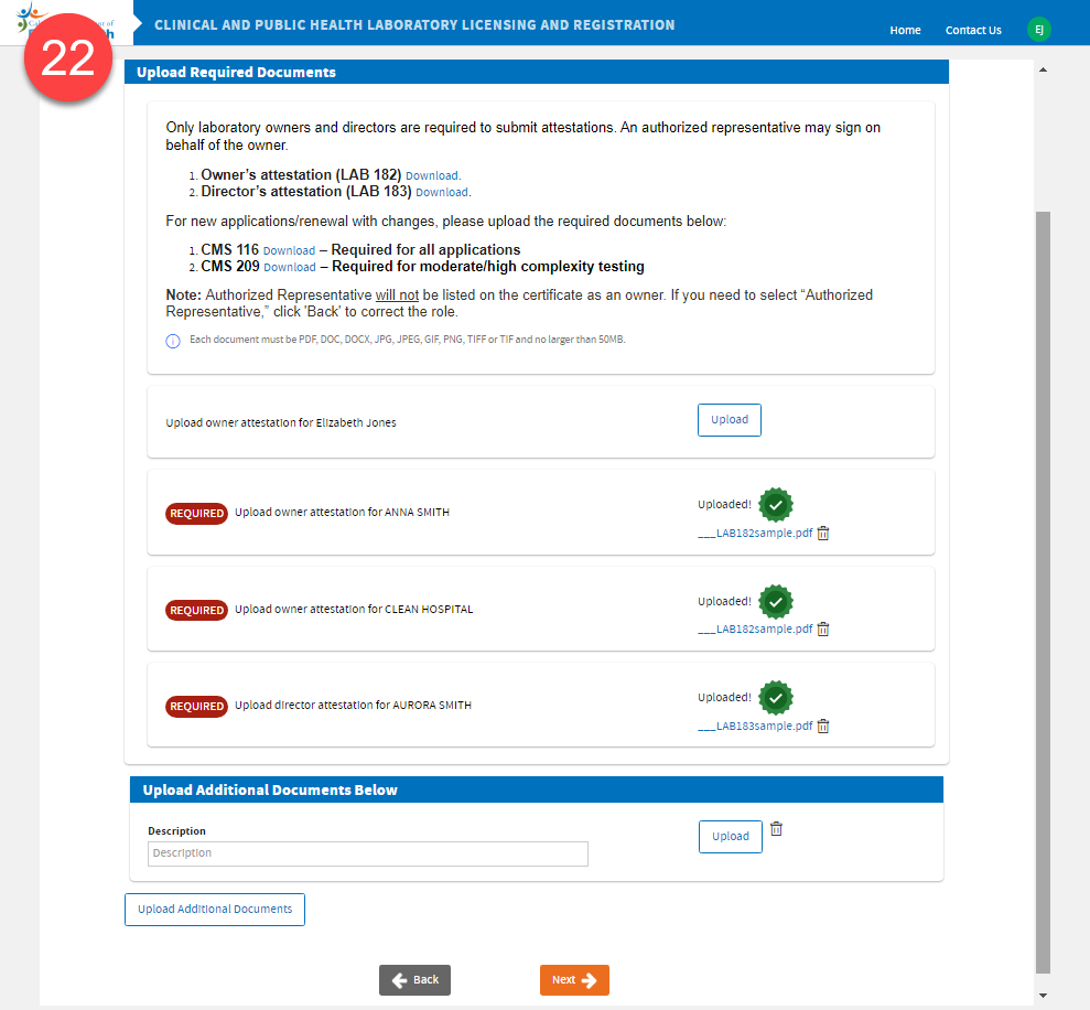 Upload documents page showing required forms uploaded.