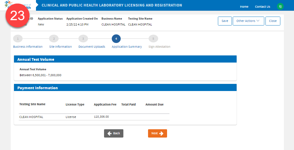 Application Summary page showing Annual Test Volume and Payment Information.