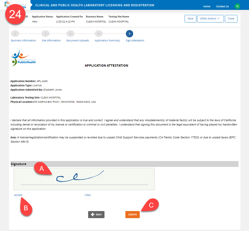 Application Attestation to write your signature.