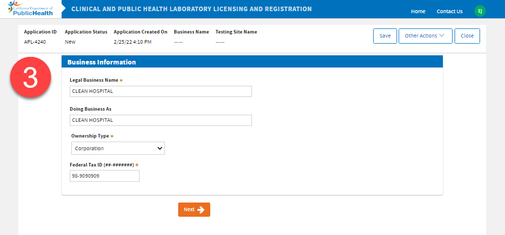 Form fields to enter business ownership information