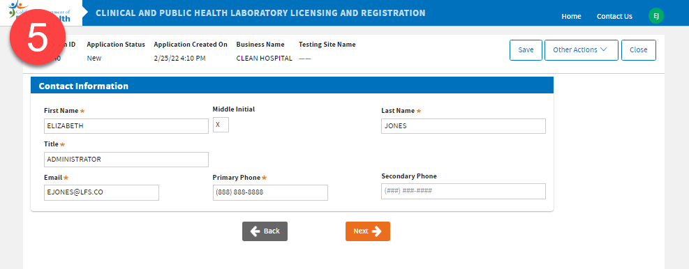 Form fields for the Contact information.