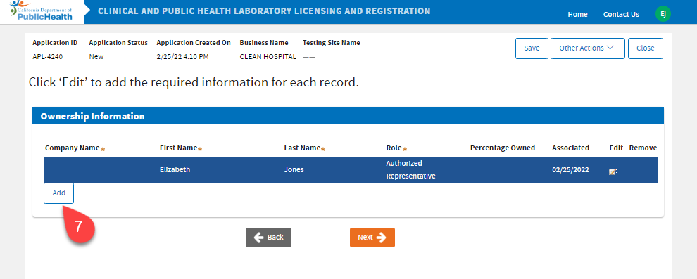 Ownership Information page showing the Add button.
