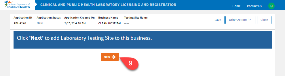 Page showing the Next button to proceed adding a Testing Site.