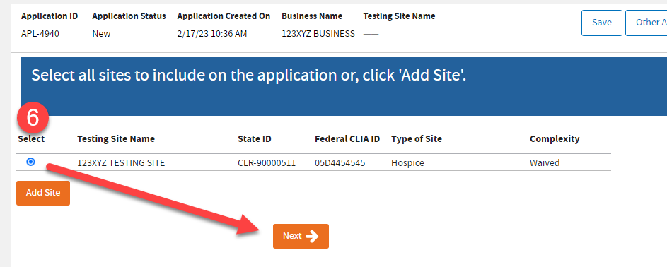 Select site and Next button