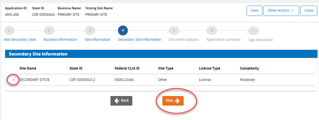 Encircled caret to review the secondary site information Encircled caret to review the secondary site information