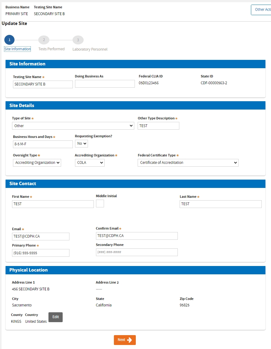 Secondary Site editable information Secondary Site editable information
