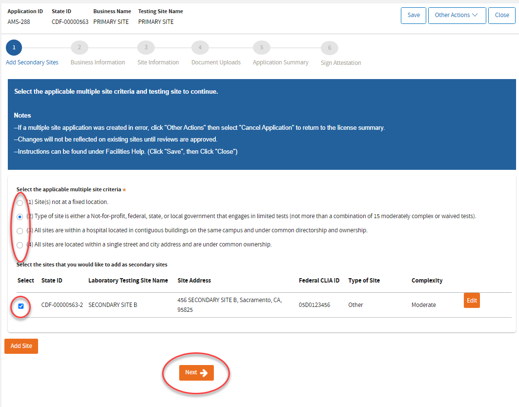 Encircled qualification and checked box of secondary site Encircled qualification and checked box of secondary site