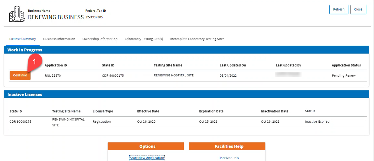 Business dashaboard showing Continue button to renew license Business dashaboard showing Continue button to renew license