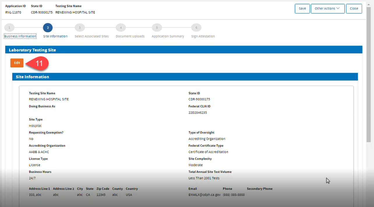 Testing Site information showing Edit button