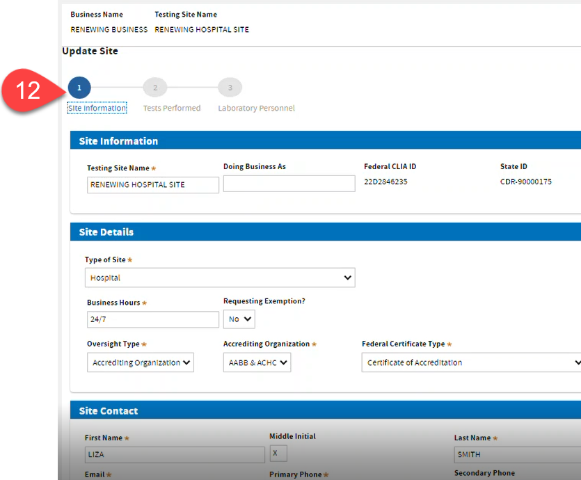 Site information page showing form fields for Site Details, Contact, etc.