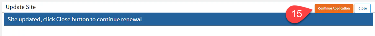 Continue Application button to proceed with the renewal application.