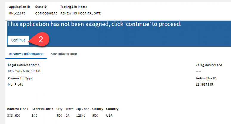 Site Overview showing Business and Site Information summary and the Continue button.