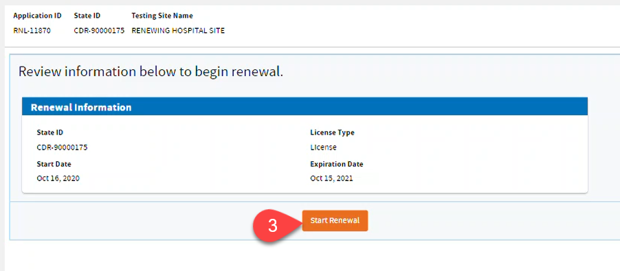 Renewal Information and Start Renewal button to begin renewal.