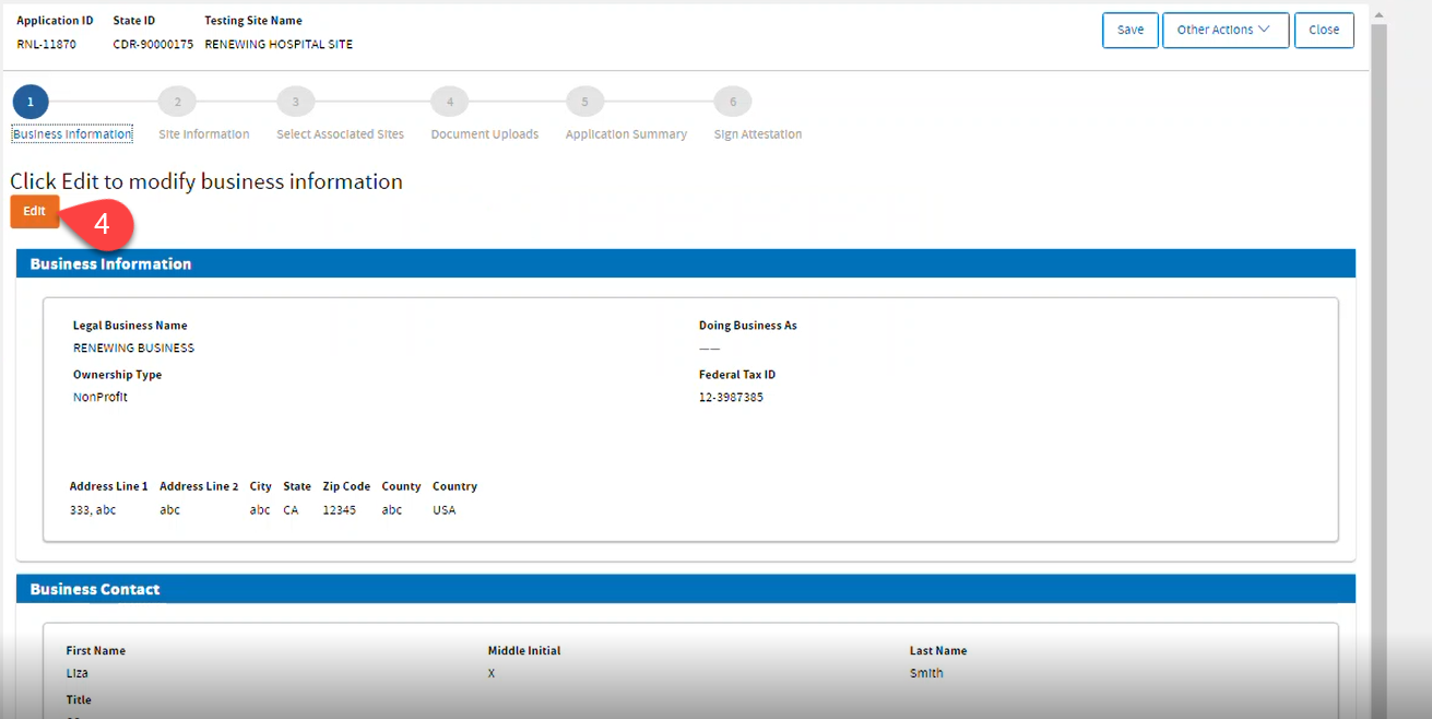 Business Information page showing the Edit button.