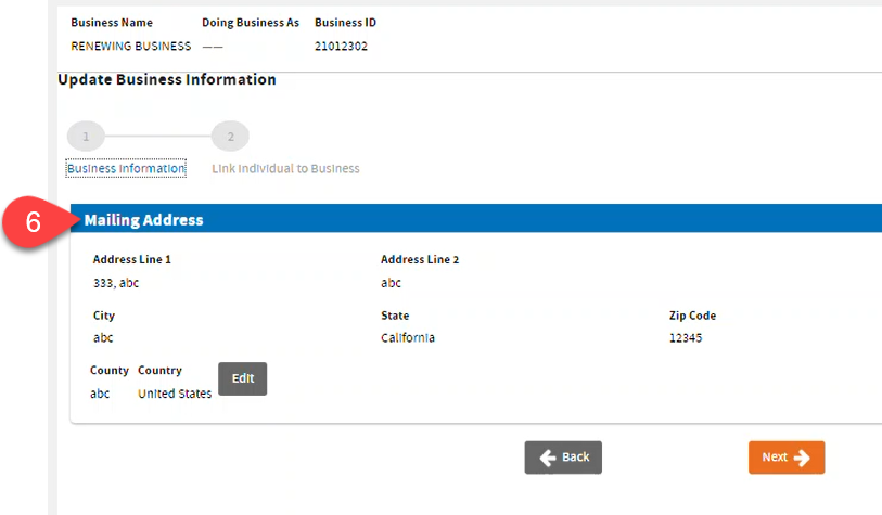 Showing the Mailing address, Edit button, Back, and Next buttons.