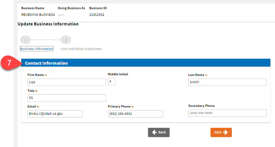 Contact information form fields, including email and phone.