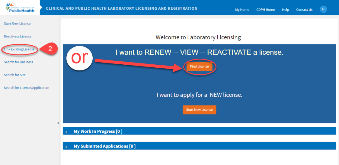 Welcome screen showing Links to click to associate a business