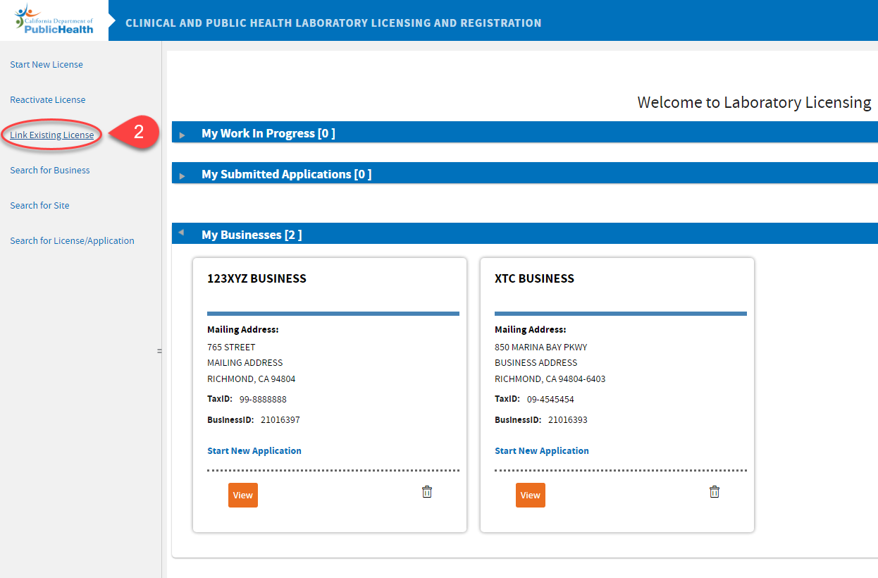 Welcome screen showing linked business and link to associate a business