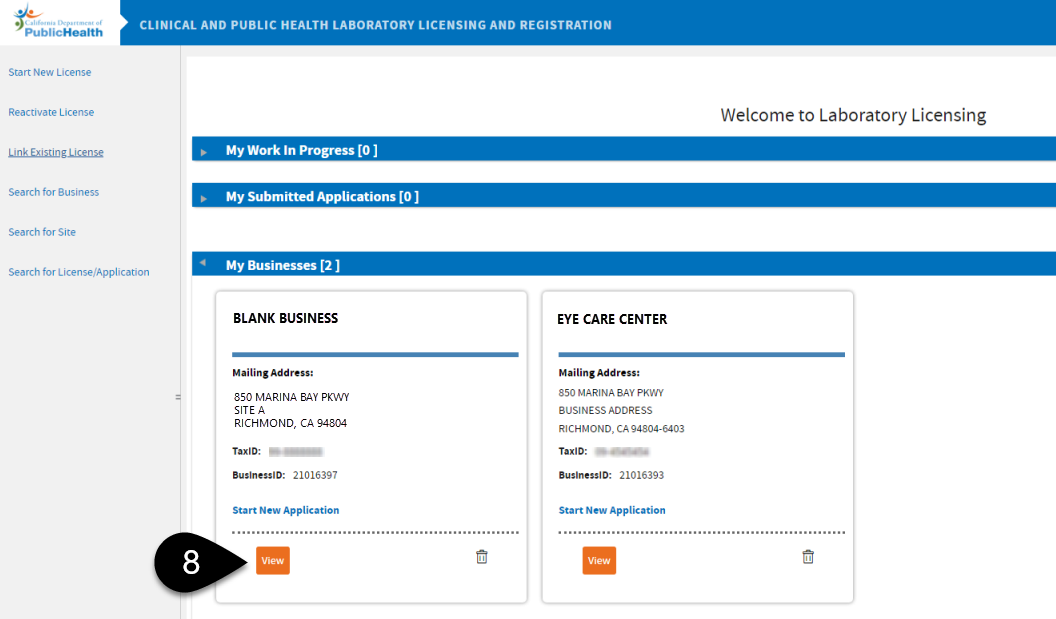 Welcome screen showing linked business