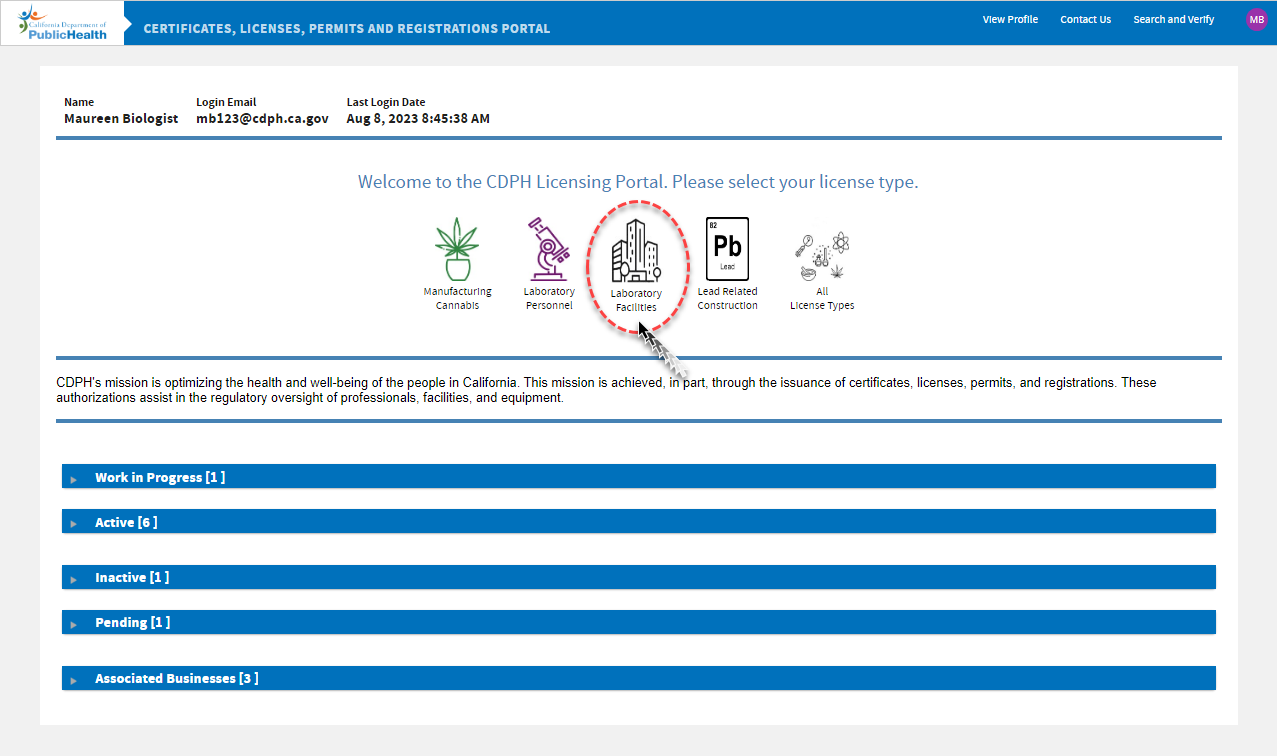 CDPH Licensing Portal screen with Laboratory Facilities icon encircled