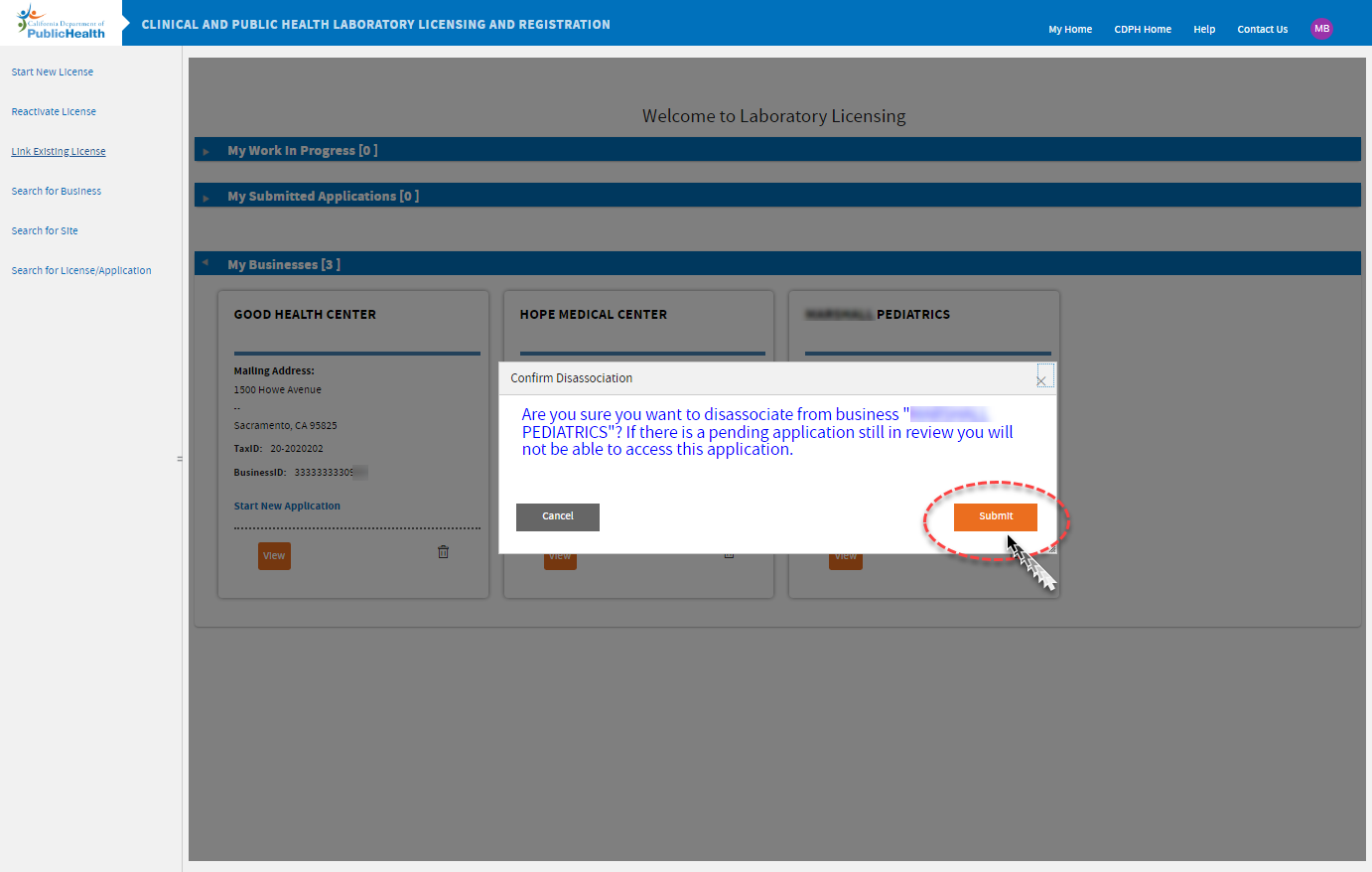 Confirm unlinking by clicking Submit button