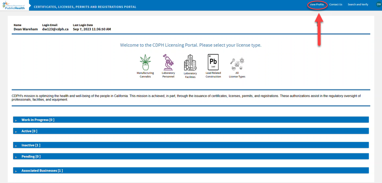 CDPH Licensing Portal page pointing to click View Profile