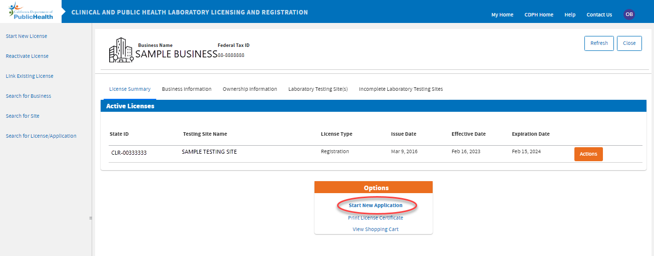 Click Start New Application