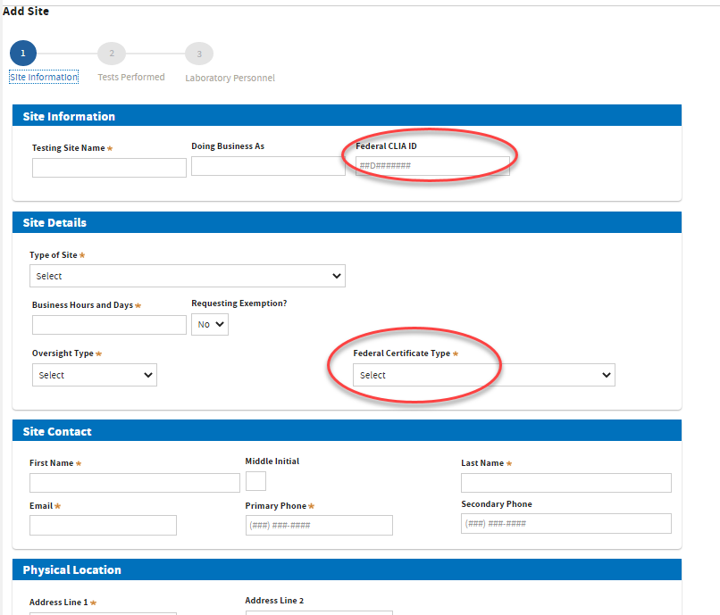 enter same CLIA ID and choose certificate type