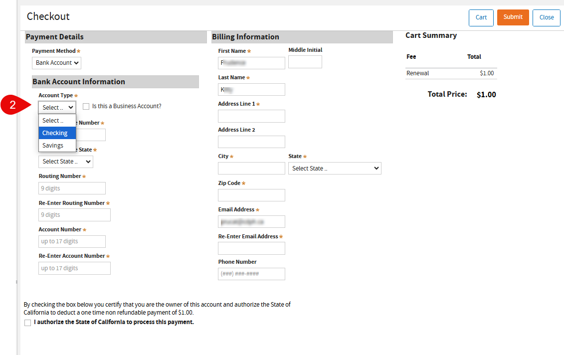 Checking is selected in Account Type as an example.