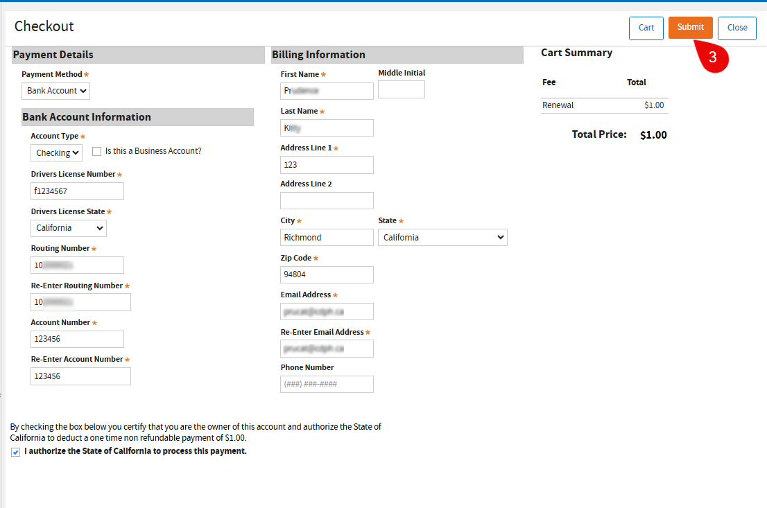 Submit button is highlighted as the last step.